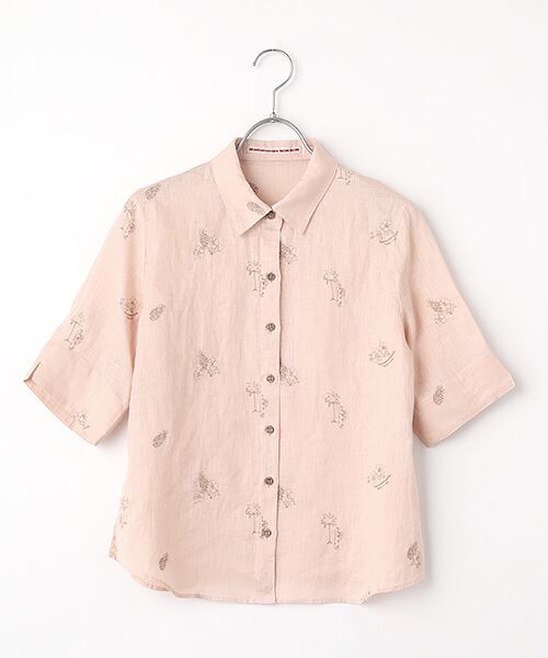 Mademoiselle NON NON / マドモアゼルノンノン シャツ・ブラウス | リネンキャンバス ハイビスカス&パイナップル刺繍ブラウス[5分袖]（シェルピンク）