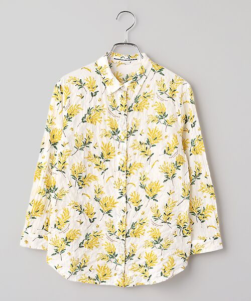 Mademoiselle NON NON / マドモアゼルノンノン シャツ・ブラウス | シャーリングローン ミモザプリント8分袖ブラウス（シロ）