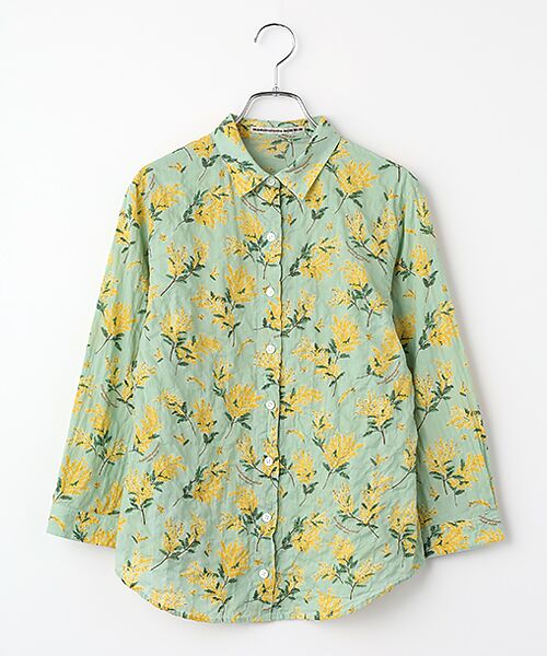 Mademoiselle NON NON / マドモアゼルノンノン シャツ・ブラウス | シャーリングローン ミモザプリント8分袖ブラウス（ミント）