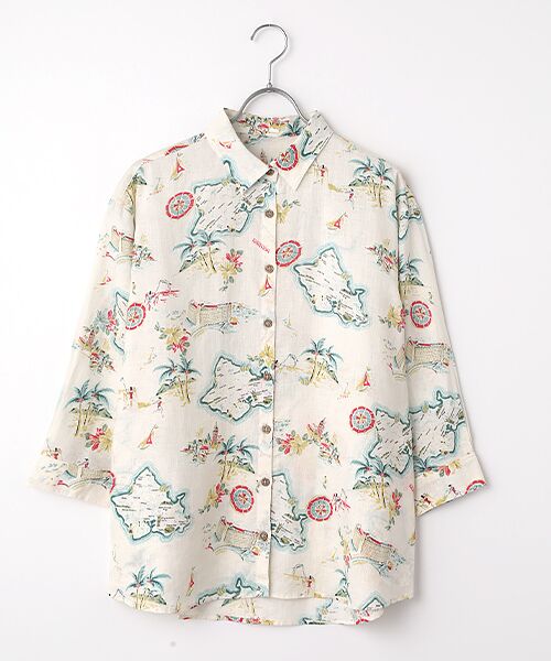 Mademoiselle NON NON / マドモアゼルノンノン シャツ・ブラウス | リネンプリント リゾートハワイ柄シャツ[8分袖]（オフクリーム）