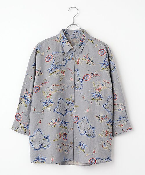 Mademoiselle NON NON / マドモアゼルノンノン シャツ・ブラウス | リネンプリント リゾートハワイ柄シャツ[8分袖]（サックスブルー）