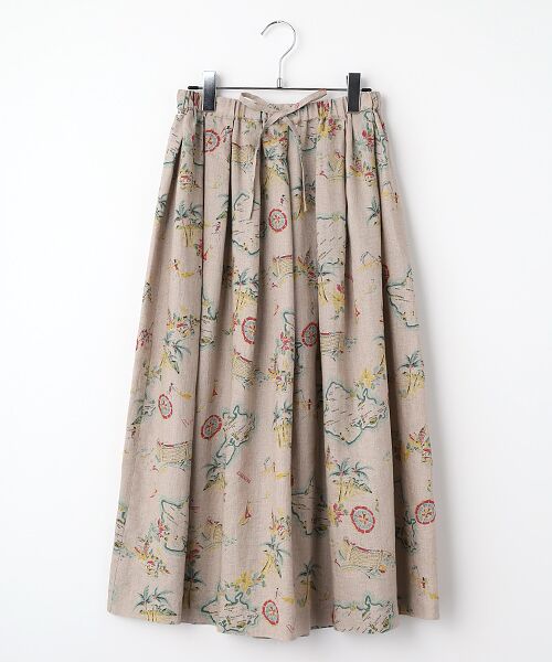 Mademoiselle NON NON / マドモアゼルノンノン ロング・マキシ丈スカート | リネンプリント リゾートハワイ柄車ひだタックスカート（ピンク）