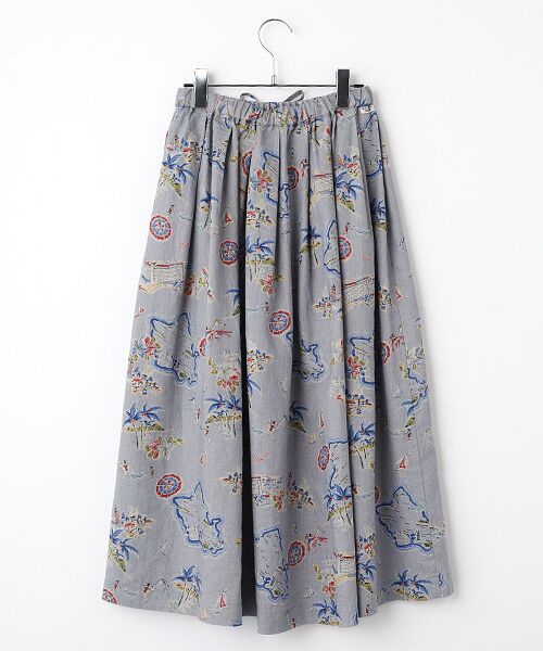 Mademoiselle NON NON / マドモアゼルノンノン ロング・マキシ丈スカート | リネンプリント リゾートハワイ柄車ひだタックスカート | 詳細2