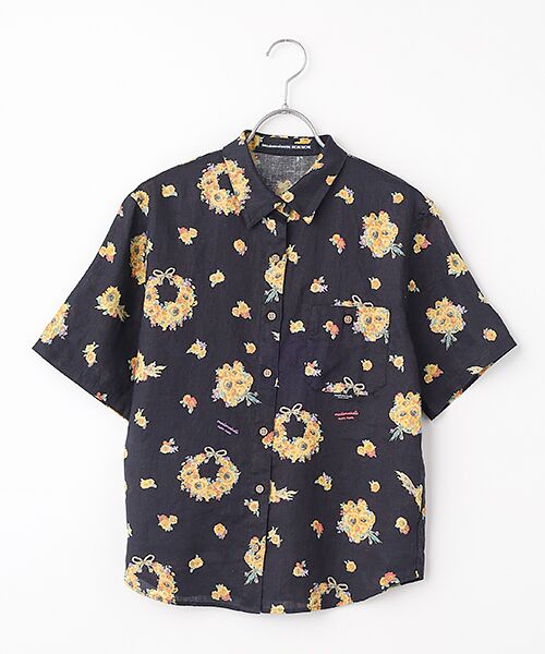 Mademoiselle NON NON / マドモアゼルノンノン シャツ・ブラウス | フラワーリースブーケプリントシャツ（ダークネイビー）