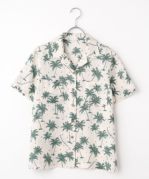Mademoiselle NON NON / マドモアゼルノンノン シャツ・ブラウス | リネンプリント パームツリー&ドット柄オープンカラーシャツ（オフクリーム）
