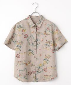 Mademoiselle NON NON / マドモアゼルノンノン シャツ・ブラウス | リネンプリント リゾートハワイ柄シャツ[半袖]