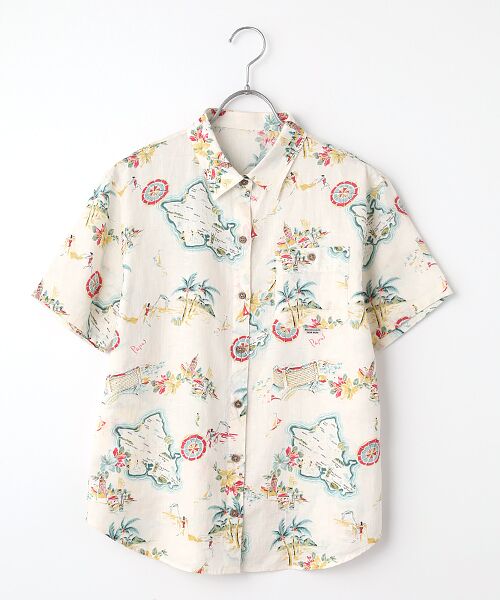 Mademoiselle NON NON / マドモアゼルノンノン シャツ・ブラウス | リネンプリント リゾートハワイ柄シャツ[半袖]（オフクリーム）
