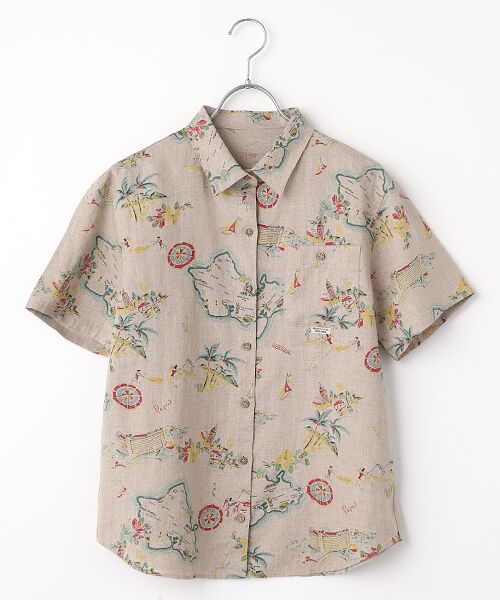 Mademoiselle NON NON / マドモアゼルノンノン シャツ・ブラウス | リネンプリント リゾートハワイ柄シャツ[半袖]（ピンク）