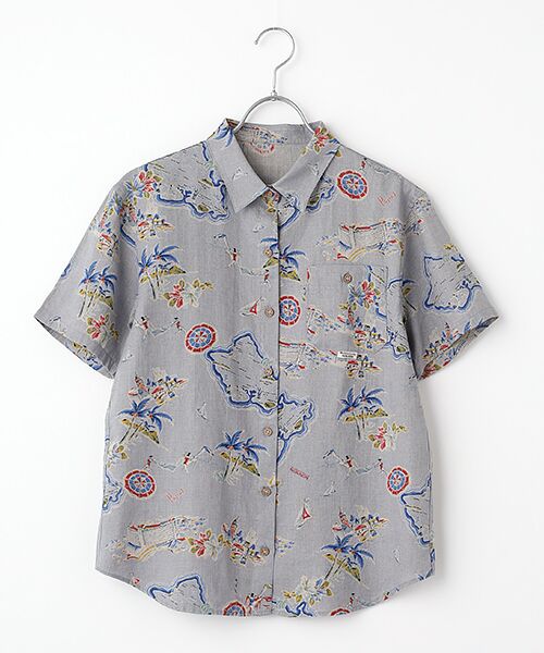 Mademoiselle NON NON / マドモアゼルノンノン シャツ・ブラウス | リネンプリント リゾートハワイ柄シャツ[半袖]（サックスブルー）