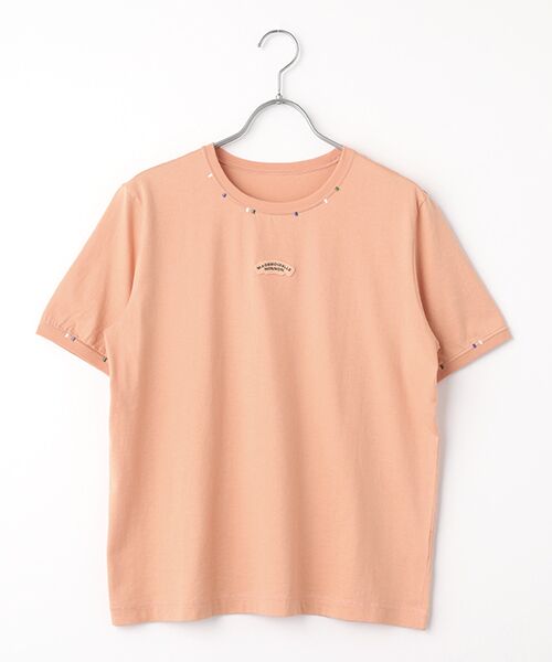 Mademoiselle NON NON / マドモアゼルノンノン Tシャツ | エアーコットン天竺 ワッペン&3色ステッチ刺繍Tシャツ（アプリコット）