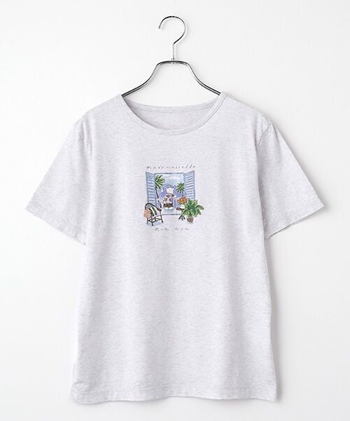 Mademoiselle NON NON / マドモアゼルノンノン Tシャツ | シルキースキンタッチ天竺 リゾートクマプリントTシャツ（TOPライトグレー）