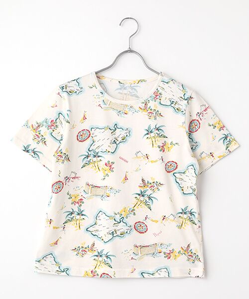 Mademoiselle NON NON / マドモアゼルノンノン Tシャツ | 天竺総柄プリント リゾートハワイTシャツ（オフクリーム）