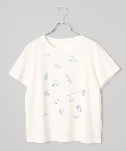 Mademoiselle NON NON / マドモアゼルノンノン Tシャツ | 超長綿天竺 サマーフレンチモチーフスパンコール刺繍Tシャツ（シロ）
