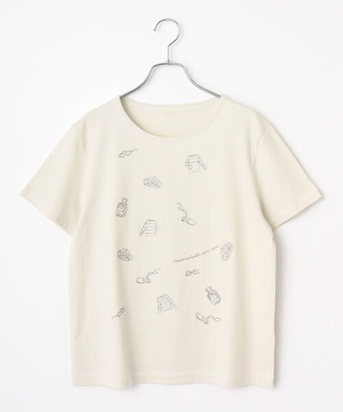 Mademoiselle NON NON / マドモアゼルノンノン Tシャツ | 超長綿天竺 サマーフレンチモチーフスパンコール刺繍Tシャツ（ライトベージュ）