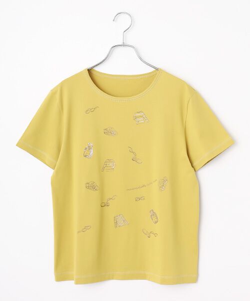 Mademoiselle NON NON / マドモアゼルノンノン Tシャツ | 超長綿天竺 サマーフレンチモチーフスパンコール刺繍Tシャツ（エッグイエロー）