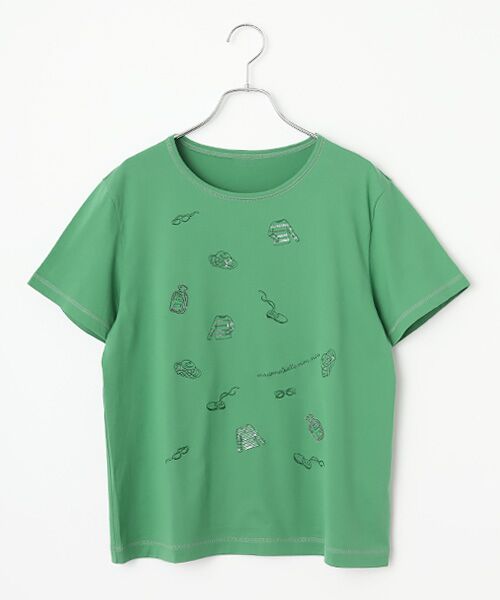 Mademoiselle NON NON / マドモアゼルノンノン Tシャツ | 超長綿天竺 サマーフレンチモチーフスパンコール刺繍Tシャツ（リーフグリーン）