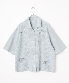オーガニックコットンムラ糸ダンガリー 刺繍入りハシゴレースオーバーシャツ