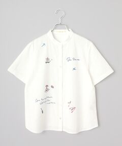 オーガニックコットンムラ糸ダンガリー 刺繍入りバンドカラーブラウス