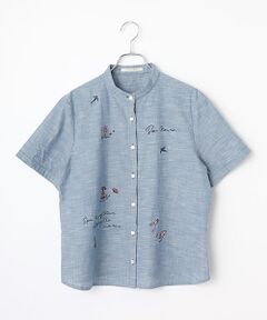 Mademoiselle NON NON / マドモアゼルノンノン シャツ・ブラウス | オーガニックコットンムラ糸ダンガリー 刺繍入りバンドカラーブラウス