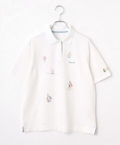Mademoiselle NON NON / マドモアゼルノンノン ポロシャツ | クールマックスエコメイド鹿の子 ヨット柄アップリケ刺繍入りポロシャツ