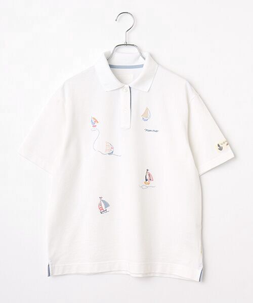 Mademoiselle NON NON / マドモアゼルノンノン ポロシャツ | クールマックスエコメイド鹿の子 ヨット柄アップリケ刺繍入りポロシャツ（シロ）