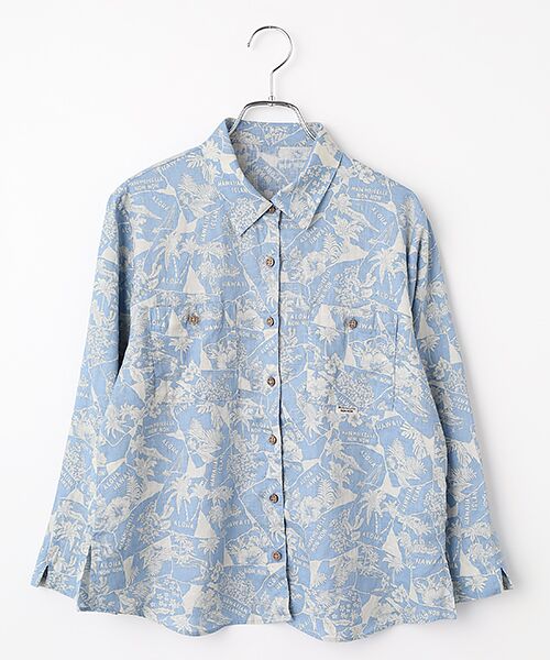 Mademoiselle NON NON / マドモアゼルノンノン シャツ・ブラウス | パッチワークアロハシルエットプリントシャツ[8分袖]（サックス）