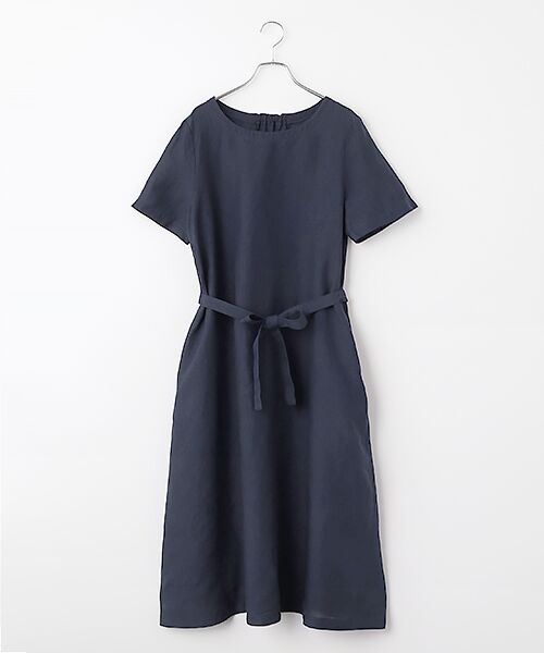 Mademoiselle NON NON / マドモアゼルノンノン ロング・マキシ丈ワンピース | リネンシャンブレー ノーカラーワンピース[半袖]（ダークネイビー）