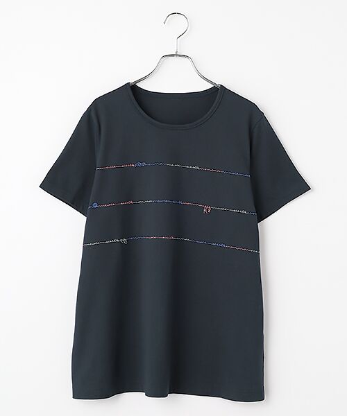 Mademoiselle NON NON / マドモアゼルノンノン Tシャツ | エアーコットン天竺 4色刺繍ロゴ&マリンモチーフTシャツ（ネイビー）