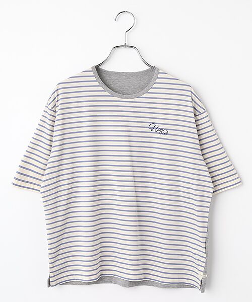 Mademoiselle NON NON / マドモアゼルノンノン Tシャツ | ハイゲージ天竺 バイカラーTシャツ[5分袖]（アイボリーボーダー×TOPグレ）
