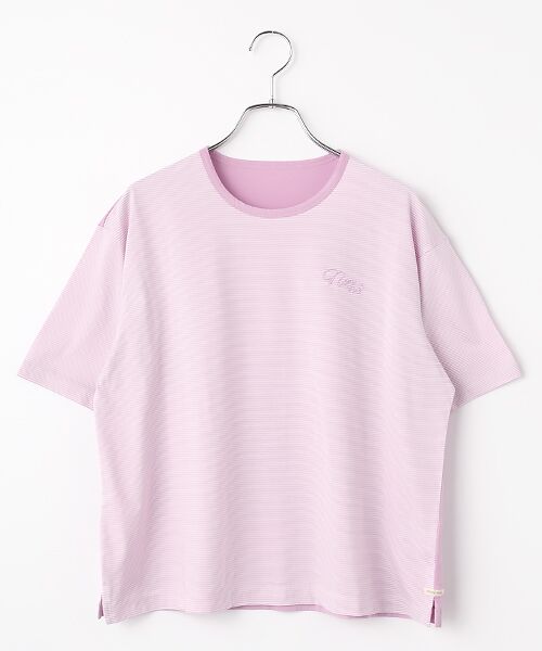 Mademoiselle NON NON / マドモアゼルノンノン Tシャツ | ハイゲージ天竺 バイカラーTシャツ[5分袖]（ラベンダ-ボーダー×ラベンダー）
