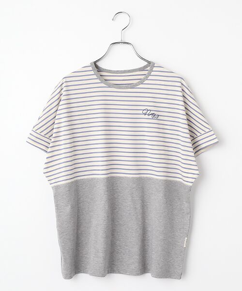 Mademoiselle NON NON / マドモアゼルノンノン Tシャツ | ハイゲージ天竺 ドルマンスリーブバイカラーTシャツ（アイボリーボーダー×TOPグレ）