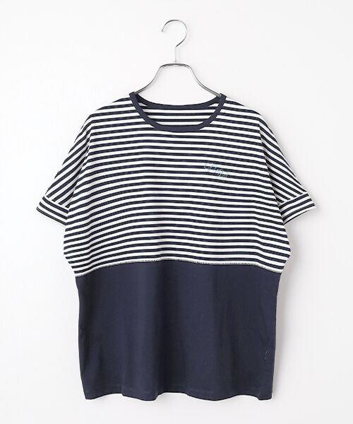 Mademoiselle NON NON / マドモアゼルノンノン Tシャツ | ハイゲージ天竺 ドルマンスリーブバイカラーTシャツ（オフ×ネイビー）