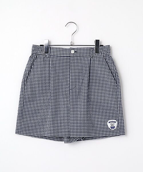Mademoiselle NON NON / マドモアゼルノンノン ショート・ハーフ・半端丈パンツ | レディースGOLF クールマックスコットンサッカーストライプ＆ギンガム タック入りショートパンツ（ネイビーギンガム(大)）