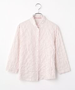 Mademoiselle NON NON / マドモアゼルノンノン シャツ・ブラウス | コットンシャーリングストライプ スタンドフリルブラウス[7分袖]