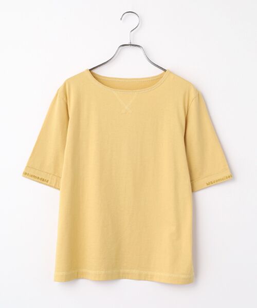 Mademoiselle NON NON / マドモアゼルノンノン Tシャツ | エアーコットン天竺 ロゴチェーン刺繍ボートネックTシャツ[5分袖]（エッグイエロー）
