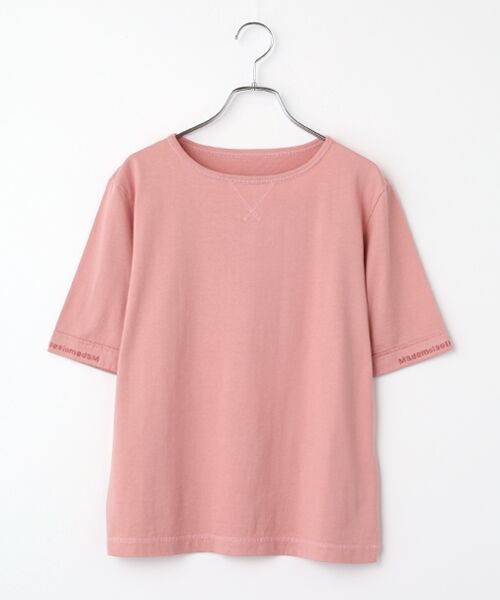 Mademoiselle NON NON / マドモアゼルノンノン Tシャツ | エアーコットン天竺 ロゴチェーン刺繍ボートネックTシャツ[5分袖]（ピンク）