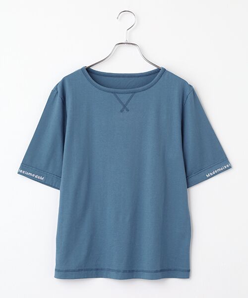 Mademoiselle NON NON / マドモアゼルノンノン Tシャツ | エアーコットン天竺 ロゴチェーン刺繍ボートネックTシャツ[5分袖]（ブルー）