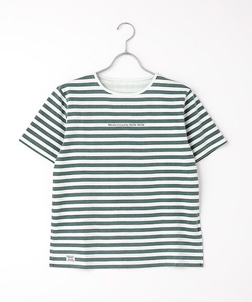 Mademoiselle NON NON / マドモアゼルノンノン Tシャツ | ヴィンテージボーダープリント天竺 半袖Tシャツ(モスグリーン×シロ)