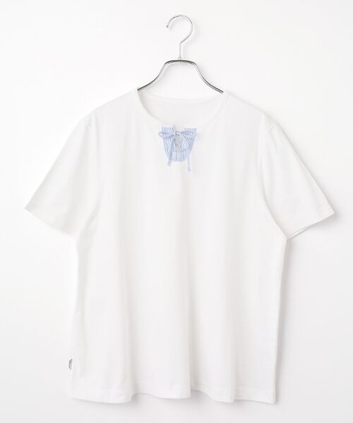 Mademoiselle NON NON / マドモアゼルノンノン Tシャツ | タリイ天竺 キーネックレースアップTシャツ（シロ）