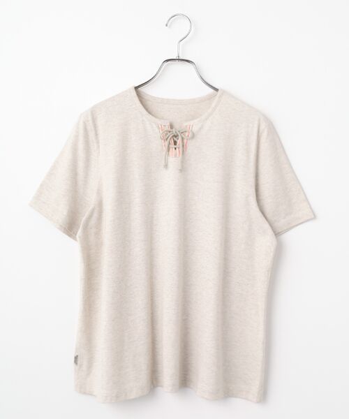 Mademoiselle NON NON / マドモアゼルノンノン Tシャツ | タリイ天竺 キーネックレースアップTシャツ（TOPオートミール）