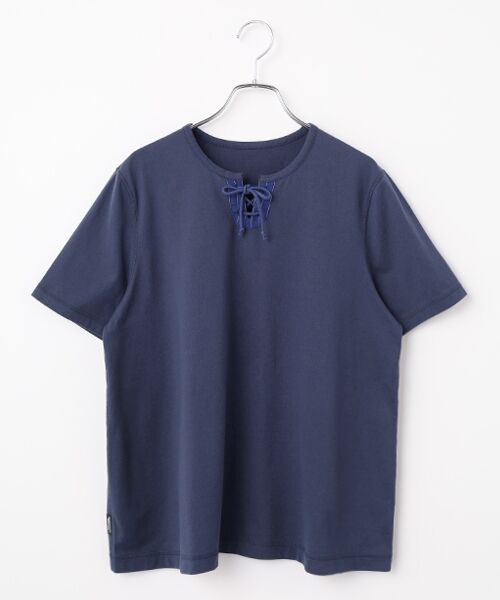 Mademoiselle NON NON / マドモアゼルノンノン Tシャツ | タリイ天竺 キーネックレースアップTシャツ（インクブルー）