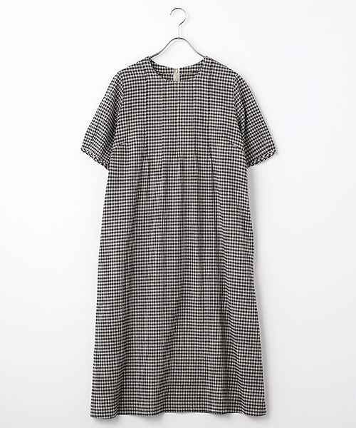 Mademoiselle NON NON / マドモアゼルノンノン ロング・マキシ丈ワンピース | オーガニックコットンリネン ノーカラーサックワンピ―ス（ミニチェック）