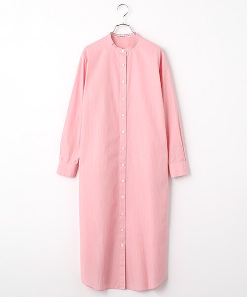 Mademoiselle NON NON / マドモアゼルノンノン ロング・マキシ丈ワンピース | ポプリンストライプ バンドカラーシャツワンピース[長袖]（ピンク系）