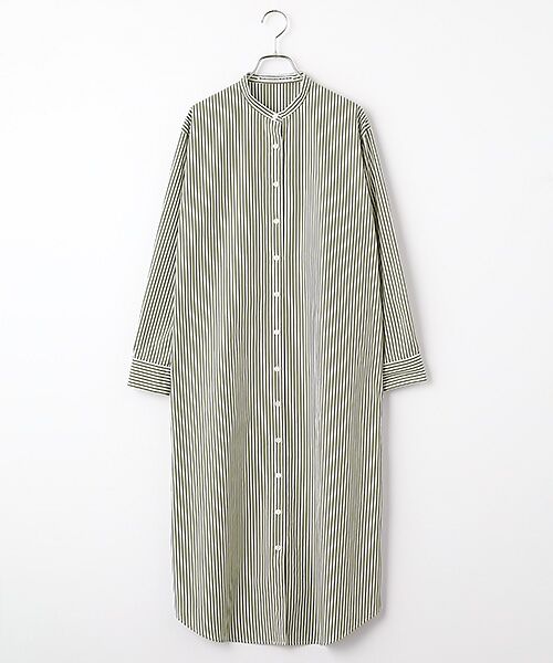 Mademoiselle NON NON / マドモアゼルノンノン ロング・マキシ丈ワンピース | ポプリンストライプ バンドカラーシャツワンピース[長袖]（カーキ×シロ）