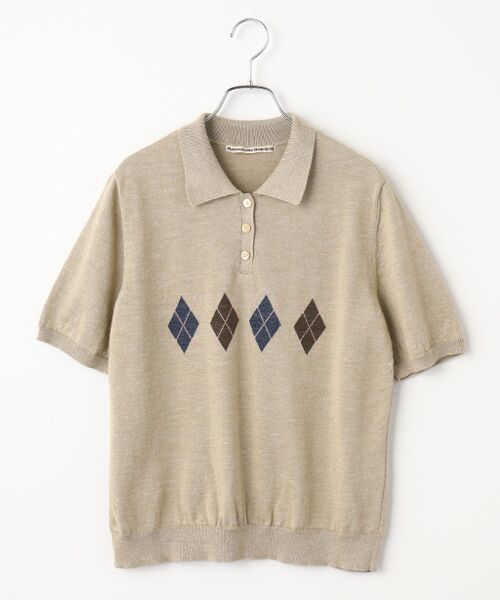 Mademoiselle NON NON / マドモアゼルノンノン ポロシャツ | 12G天竺アーガイルインターシャ ニットポロシャツ[半袖]（TOPベージュ）