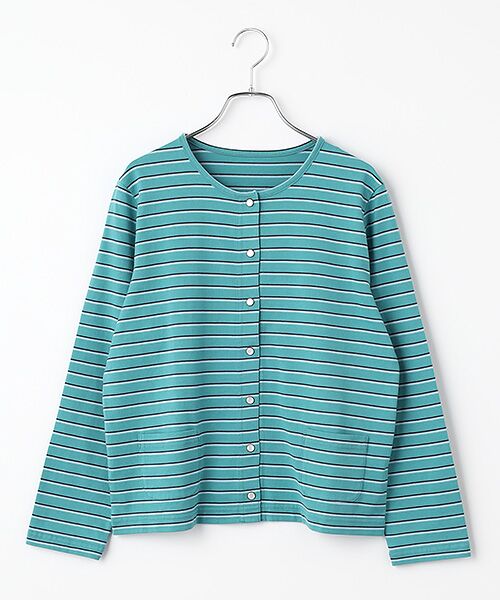 Mademoiselle NON NON / マドモアゼルノンノン カーディガン・ボレロ | 度詰ボーダー クルーネックカーディガン[長袖]（グリーン系ボーダー）