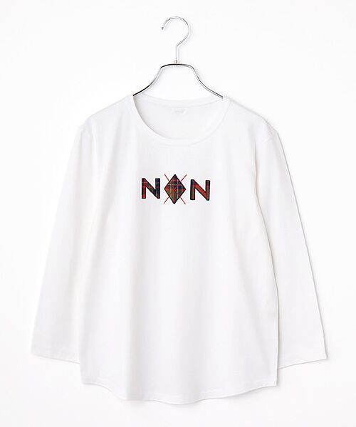 Mademoiselle NON NON / マドモアゼルノンノン Tシャツ | タリイ天竺 チェックアップリケ&刺繍Tシャツ[8分袖]（シロ）