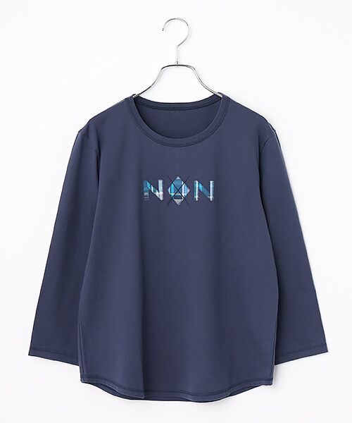 Mademoiselle NON NON / マドモアゼルノンノン Tシャツ | タリイ天竺 チェックアップリケ&刺繍Tシャツ[8分袖]（インクブルー）