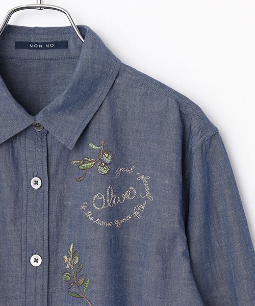 Mademoiselle NON NON / マドモアゼルノンノン シャツ・ブラウス | ライトウェザーワッシャー オリーブ刺繍入りダンガリーシャツ[長袖] | 詳細5