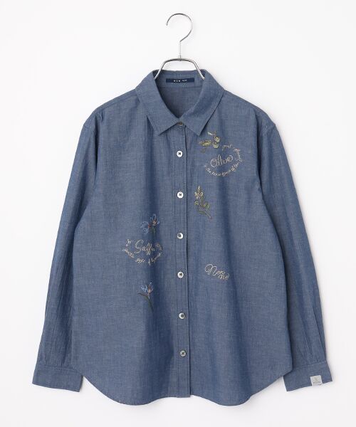 Mademoiselle NON NON / マドモアゼルノンノン シャツ・ブラウス | ライトウェザーワッシャー オリーブ刺繍入りダンガリーシャツ[長袖]（インディゴブルー）